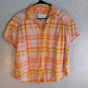 Vintage American Eagle Linen Blend Short Sleeve Plaid Button Down S